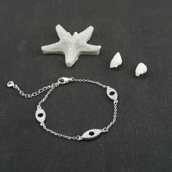 Sterling Silver SL-Evil Eye Link Chain Ring Bracelet Cubic Hand Chain for Women - Picture 5 of 8